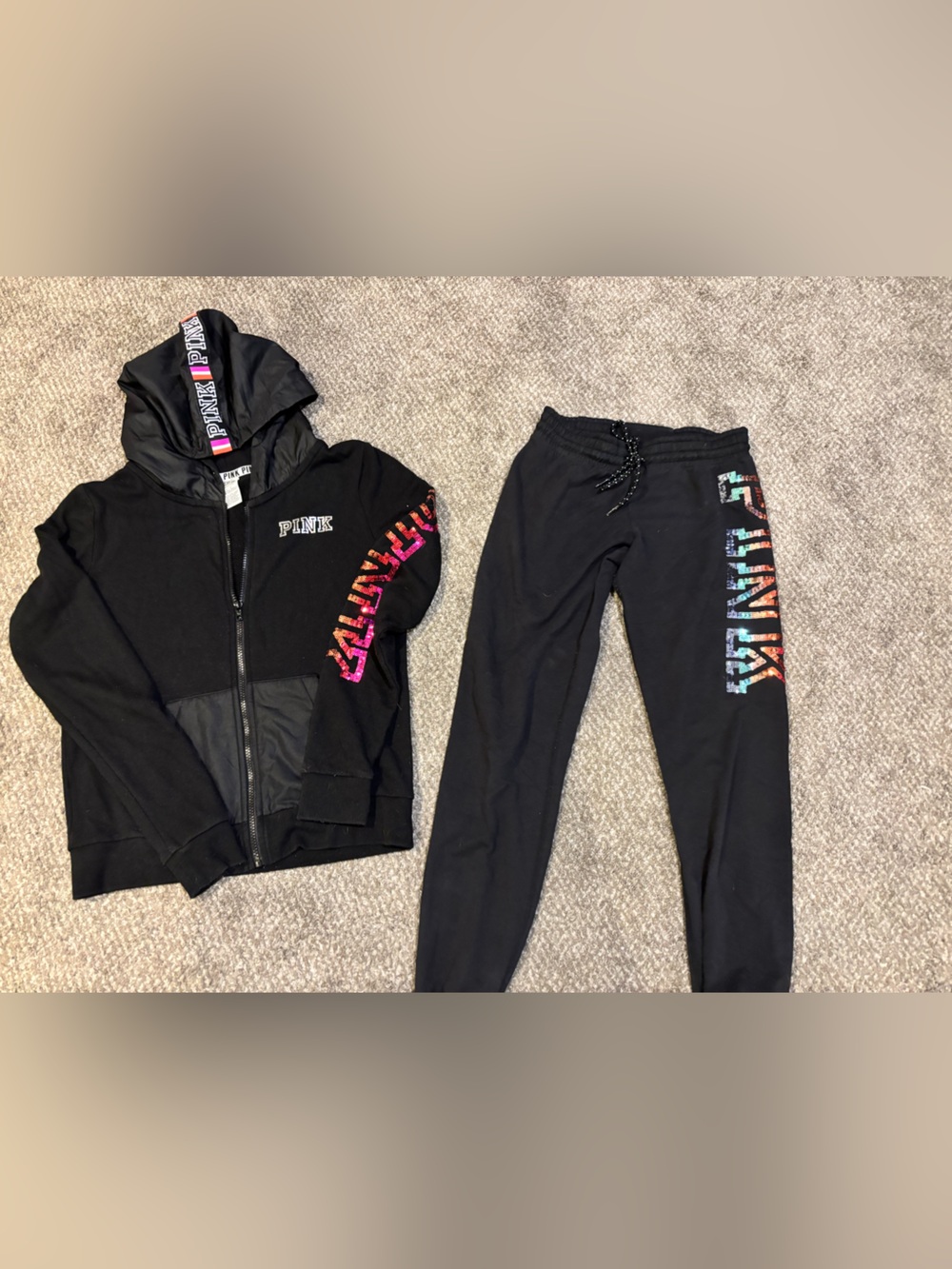 PINK Victoria's Secret Girls' Black Logo Zip Hoodie & Jogger Set
